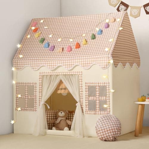 Senodeer Kids Play Tent Indoor with Brown Checkered Mat Rainbow Tissue Garland Star Lights Girl Tent Indoor Playhouse for Girls Kids Toys for Boy Girl Birthday Gift for Kids