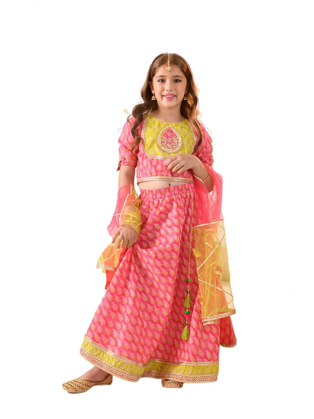 Pspeaches Girls Cotton 3/4th Sleeves Round Neck Printed Lehenga And Choli With Dupatta 3 Piece Set|Ethnic Wear For Kids Girls|Traditional & Festive Outfit 7-8 Year Magenta & Green