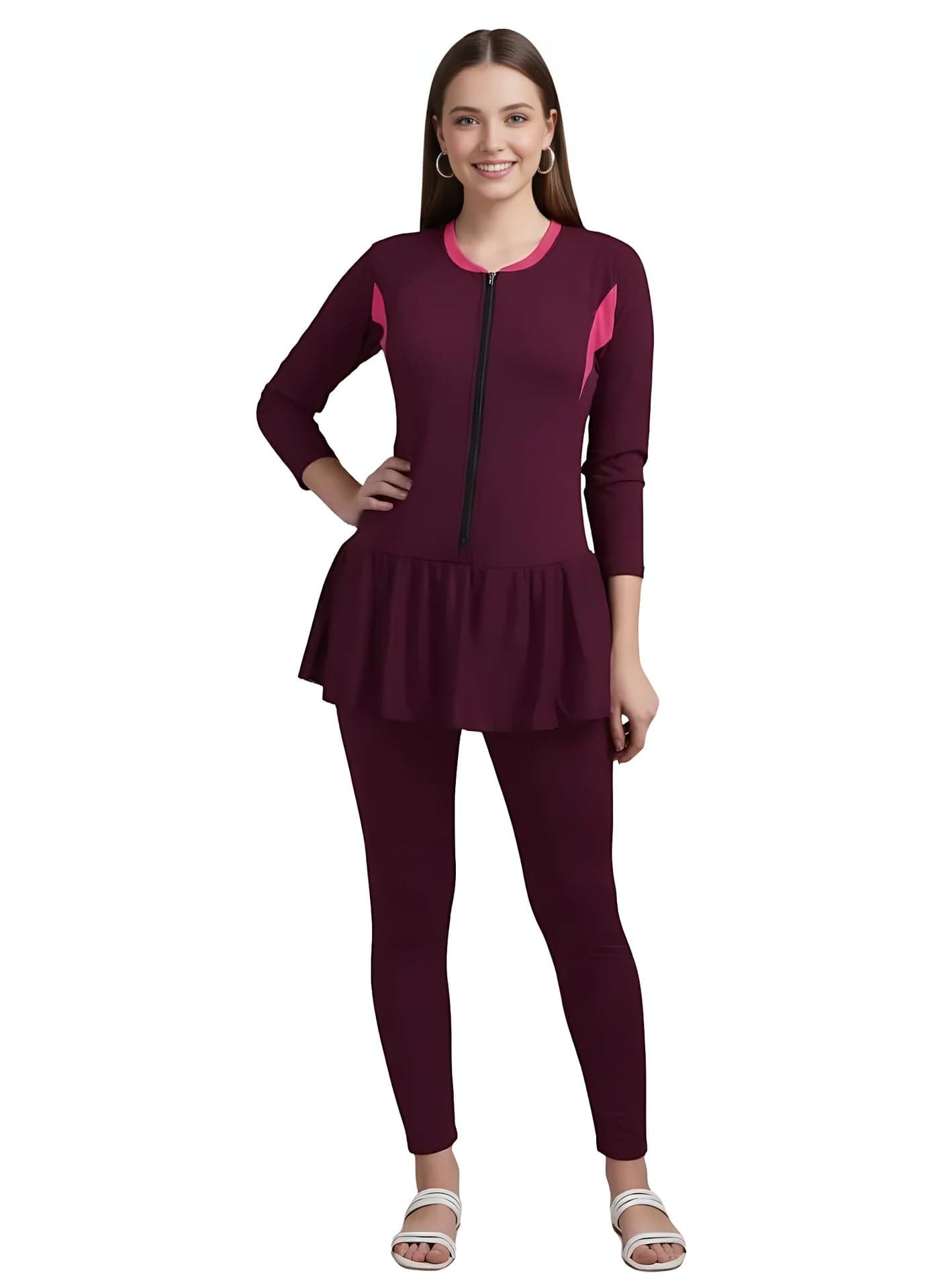 N-Gal Women Full Length Padded One Piece Swimming Costume|Swimsuit Set for Women|Wine|XL