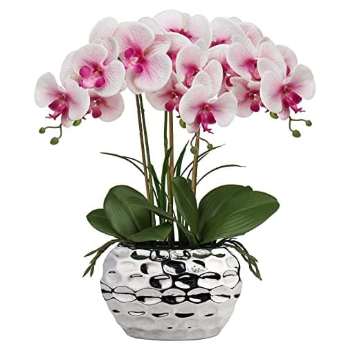 Briful Orchids Artificial Flowers 18" Pink Phalaenopsis Large Orchid Flowers with Silver Ceramic Pots Real Touch Faux Orchid Arrangement for Home Office Bathroom Living Room Table Decoration