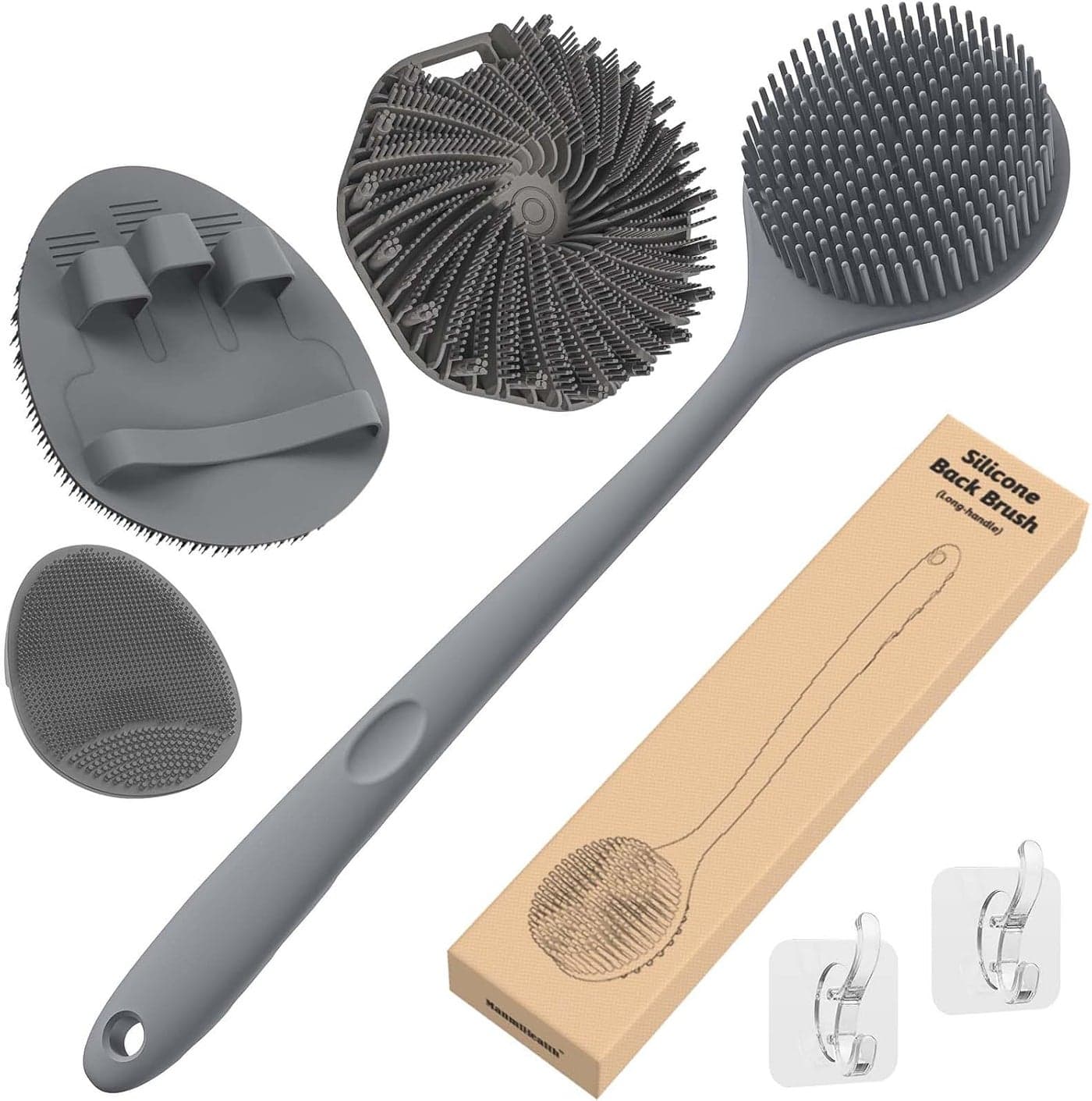 Manmihealth Silicone Back Scrubber Soft Bath Glove Set 4 PCSThin Bristles SuperExfoliating Body Scrubber SuperLathering Shower Brush Combination with 2 Free Hooks Gray