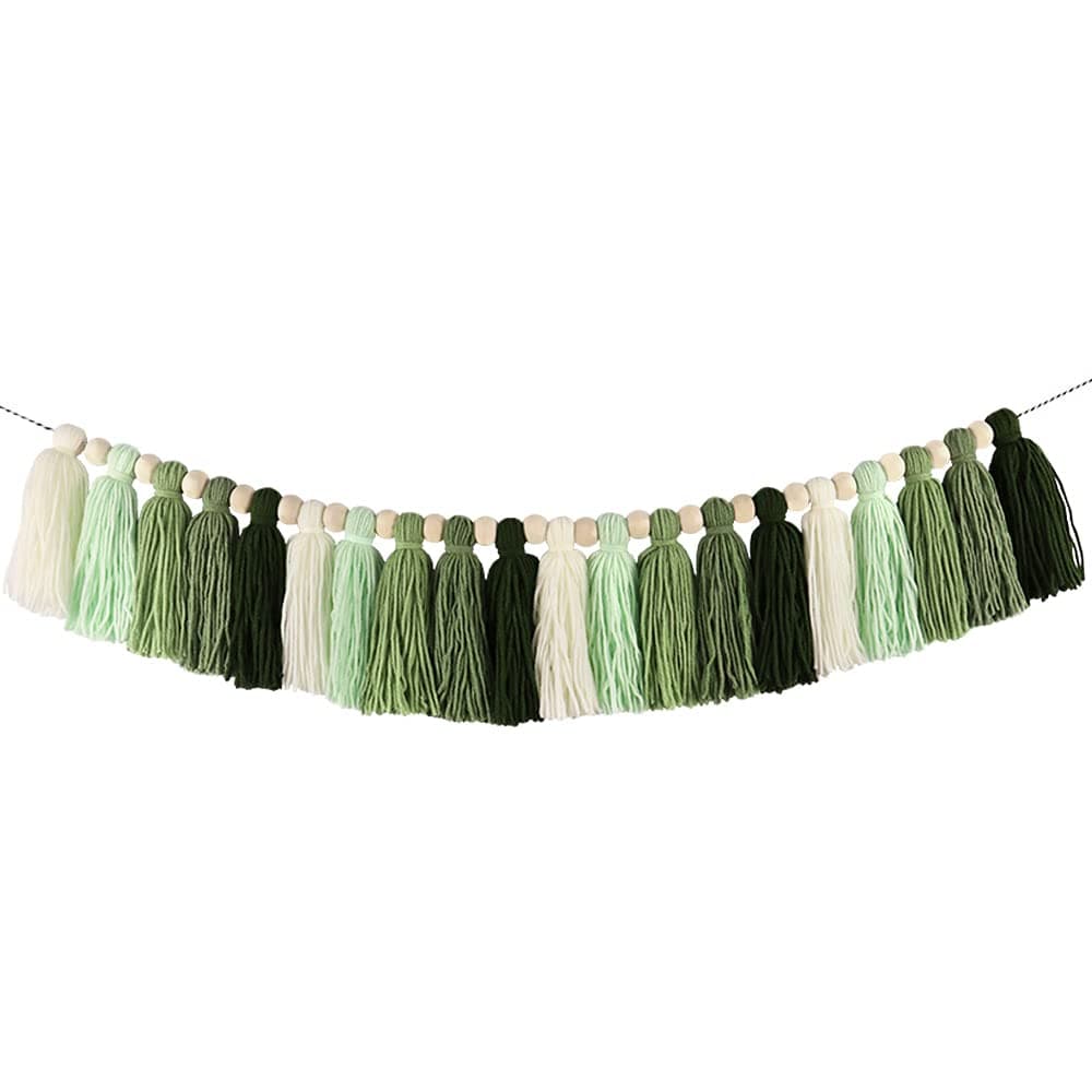 DrCor Sage Gradient Green Tassel Garland 15ft Handmade Yarn Bunting Banner for Classroom Backdrop Nursery Kids Room Baby Shower Birthday Party Back to School Decor