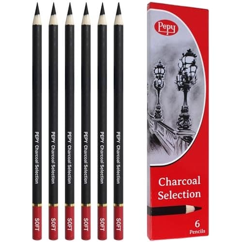 Pepy Professional Soft Charcoal Pencil Set – Set of 6 Pre-Sharpened Black Charcoal Pencils; Perfect for Drawing, Sketching, Blending and Shading