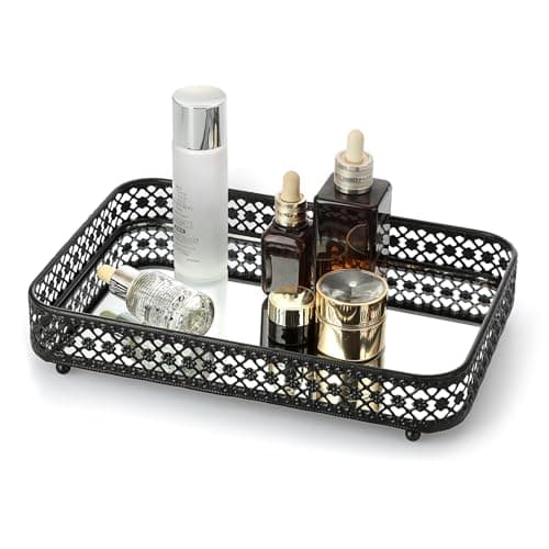 ELLDOO Black Perfume Makeup Vanity Tray HollowCarved Jewelry Storage Glass Metal Trinket Organizer for Dresser Bathroom Countertop Medium Size
