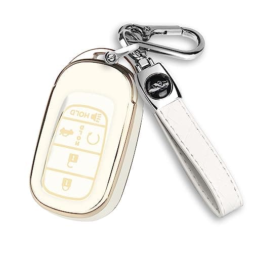 QBUC for Honda Key fob Cover with Keychain,Car Key Case Protector Compatible with 2022-2026 Honda Accord Civic HRV CRV Pilot Smart Remote Key (Gold Trim,White)