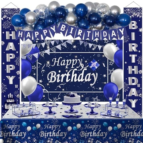 Blue Birthday Decorations 37 PCS Blue and Silver Party Decorations for Men Boys Women Girls Happy Birthday Backdrop Banner Tablecloth Party Supplies Confetti Balloons Arch