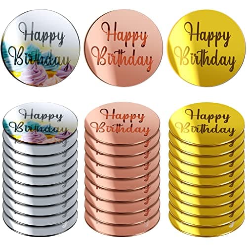 Qunclay 30 Pcs Mirror Acrylic Cupcake Toppers Happy Birthday Acrylic Cake Toppers Gold Rose Gold Silver Engraved Cake Picks for Birthday Pastries Decorations DIY SuppliesRound