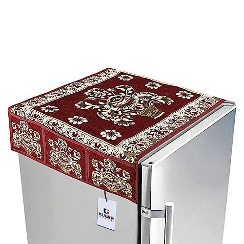 Kuber Industries Flower Pot Print Fridge Cover With Side Pockets|Fridge Top Cover|Refrigerator Cover|Washable Cotton Material|6 Utility Pockets (Maroon)