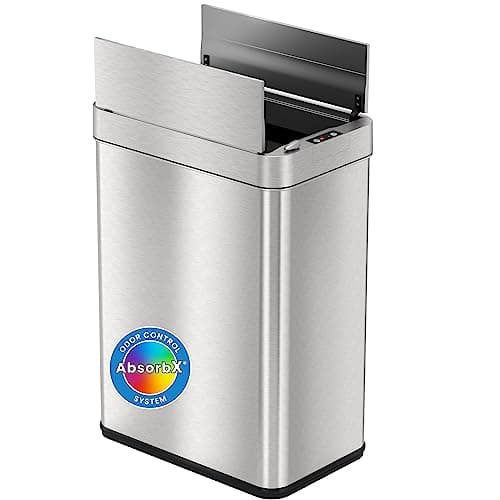 iTouchless 13 Gallon Wings-Open Kitchen Trash Can with Lid and Odor Filter, Stainless Steel, Dog Proof Automatic TrashCan Garbage Bin for Home Office Work Bedroom Living Room Garage Slim Wastebasket