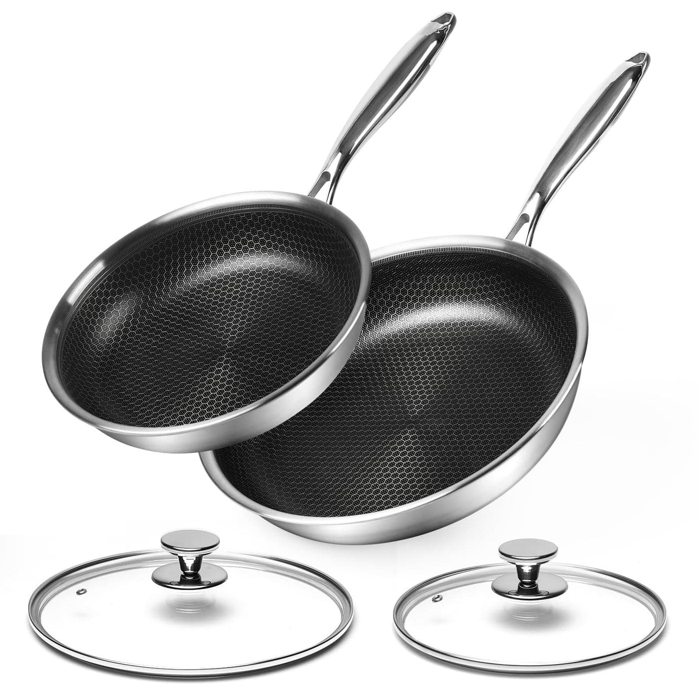 Innerwell TriPly Stainless Steel Frying Pan Sets 24 28 cm Nonstick Honeycomb Frying Pan with Lid ScratchResistant Skillet WStay Cool Handle Induction Compatible Pfoa Free