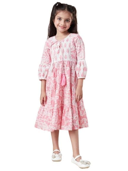 Pspeaches Girls Tiered Floral Print Tie-Up Neck A-Line Midi Cotton Dress (Pink-8-10Y)