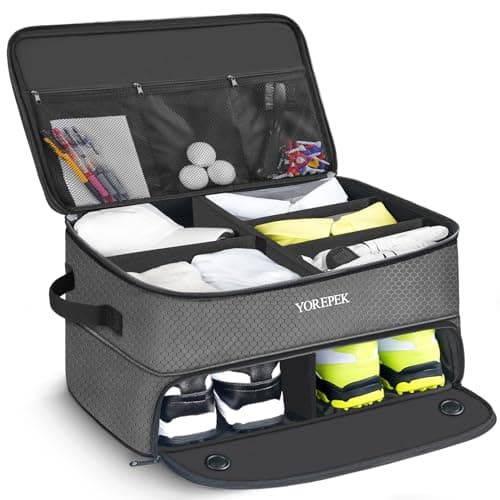 YOREPEK Large 2 Layer Golf Trunk Organizer for 2 Size 14 Pair Shoes, Expanding Golfing Trunk Locker Organizer With Upper Adjustable Separation, Golf Accessories For Men, Cool Gifts For Golfer, GREY