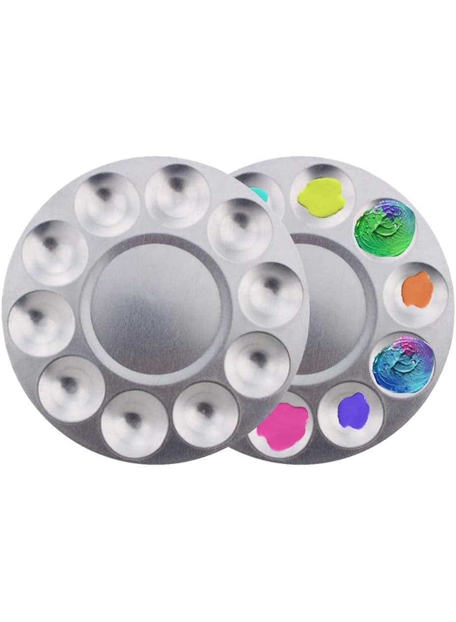 2 Pcs 10 Wells metal Paint Tray, Round Tray Palette Palettes Metal Mixing For Professional Art Painting, Watercolor Oil Diy Craft