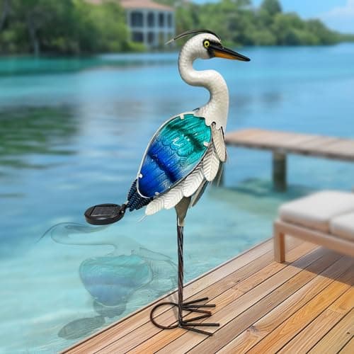HONGLAND Solar Metal Crane Statue Garden Heron Sculpture Glass Outdoor Heron Yard Art Coastal Ocean Bird Decor Lawn Ornament for Backyard Porch Patio Decor24 Inch