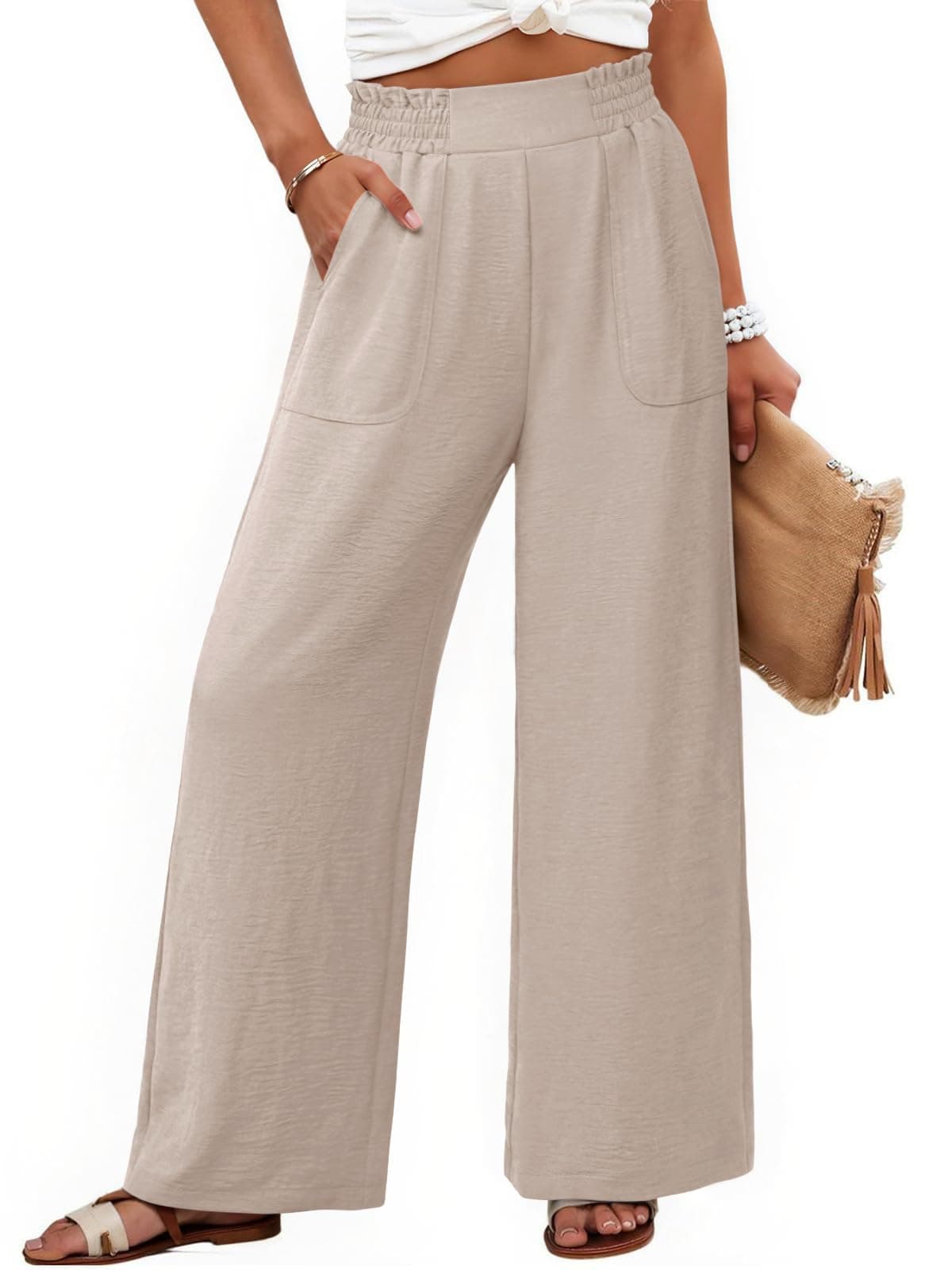 NIMIN Women Wide Leg Palazzo Pants High Waisted Casual Lounge Pants Flowy Loose 2026 Summer Beach Vacation Outfits Dressy Trousers with Pockets Apricot