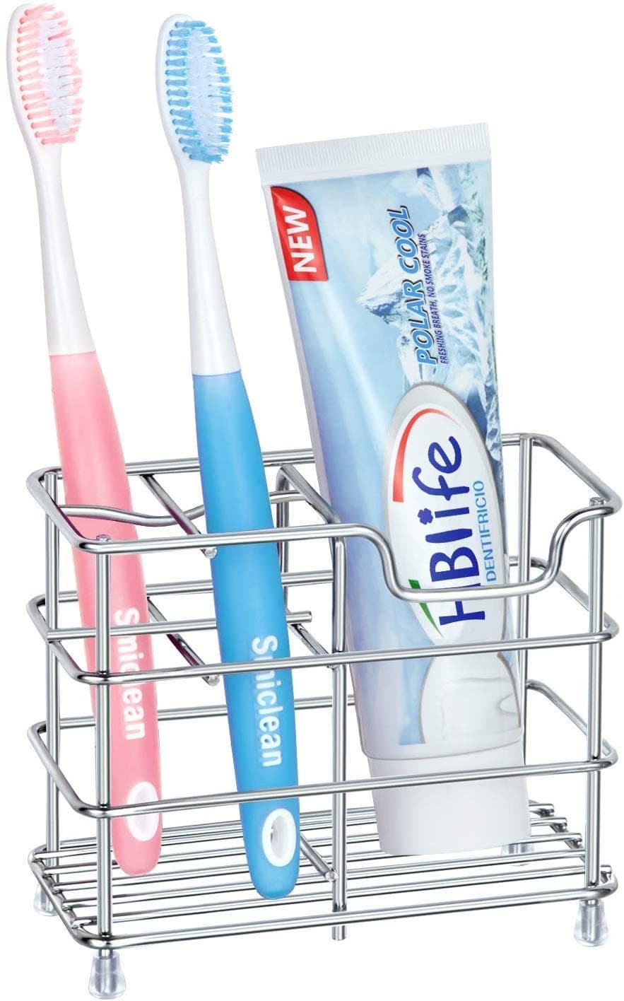 BeFunky Stainless Steel Bathroom Toothbrush Holder Stand Sturdy Storage with Multi-Functional 5 Slots (Silver)