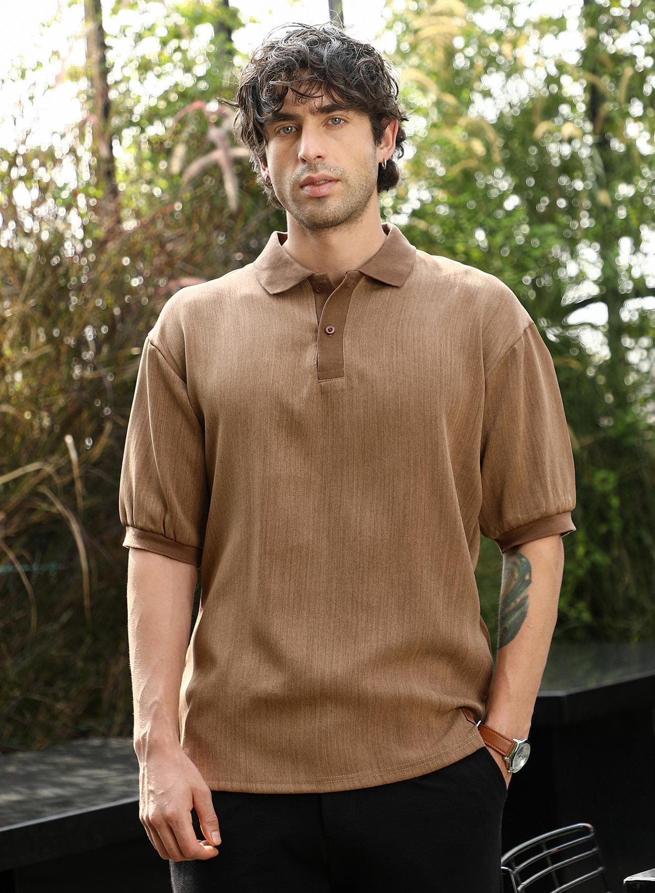 Men's Ash Brown Textured-Knit Polo T-Shirt