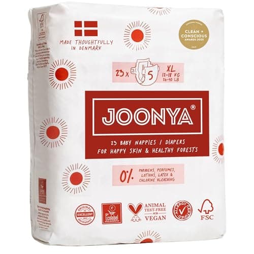 Joonya Baby Diapers, Size 5 XL (26-40 lb) - 1 Bag of 23 - Non Toxic, Eco-Friendly, High Absorbency, Overnight Use, Ultra Slim & Soft - Made in Denmark