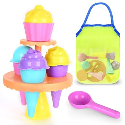 SupMLC Beach Toys Ice Cream Sand Toys Toddlers Beach Essentials for Kids Girls Boys Sand Molds Shovels with Collapsible Mesh Bag Travel Sand Box Toys for Beach Party Bath Toys Pretend Play