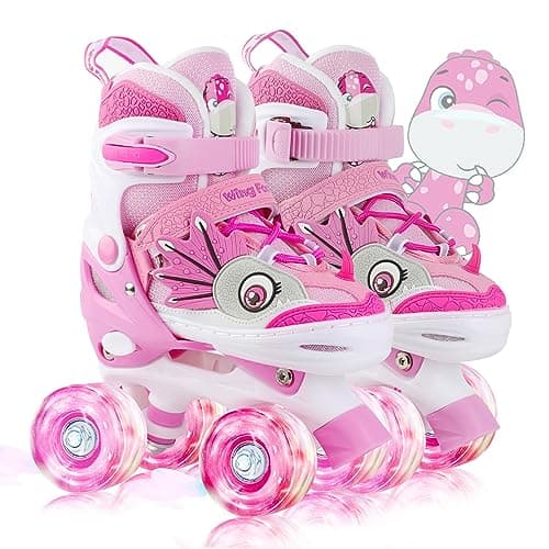 WESKIFAN Dino Kids Toddler Roller Skates for Boys Girls Dinosaur Quad Skating Shoes with Shiny Light up WheelsAdjustable Sizes Beginners rollerskates for Birthday Xmas Gifts Pink S1013J