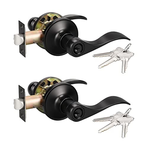 KNOBWELL 2 Pack Wave Style Door Lever Keyed Entry Door Lock Black Door Handles Leverset for Exterior/Interior Doors Matte Black Different Keys, Reversible for Left/Right Handed