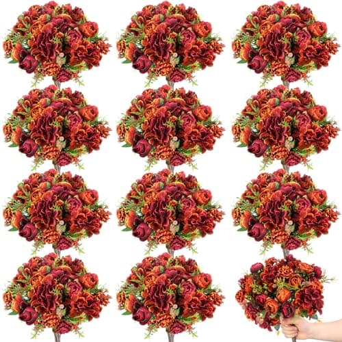 XunYee 12 Bundles Fall Thanksgiving Artificial Flowers Burnt Terracotta Flowers Fake Silk Roses Bouquets Realistic Florals Bulk Arrangements Decor for Outdoor Wedding Table Centerpieces (Orange)
