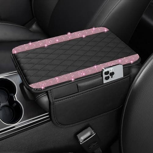 NBTEPEM Bling Car Center Console Cover Leather Car Arm Rest Cover Cushion with 2 Storage Bags Universal Automotive Armrest Protector Storage Box Bling Accessories Interior for Most Vehicles Pink