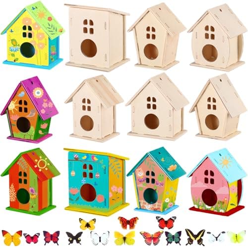 Sawysine 107 Pcs DIY Birdhouse Kits for Kids Ages 58 812 48 Wooden Bird House Kits in 6 Shapes and 57 Butterfly Sticker for Children Spring Craft Activity Art DIY ProjectLovely Style