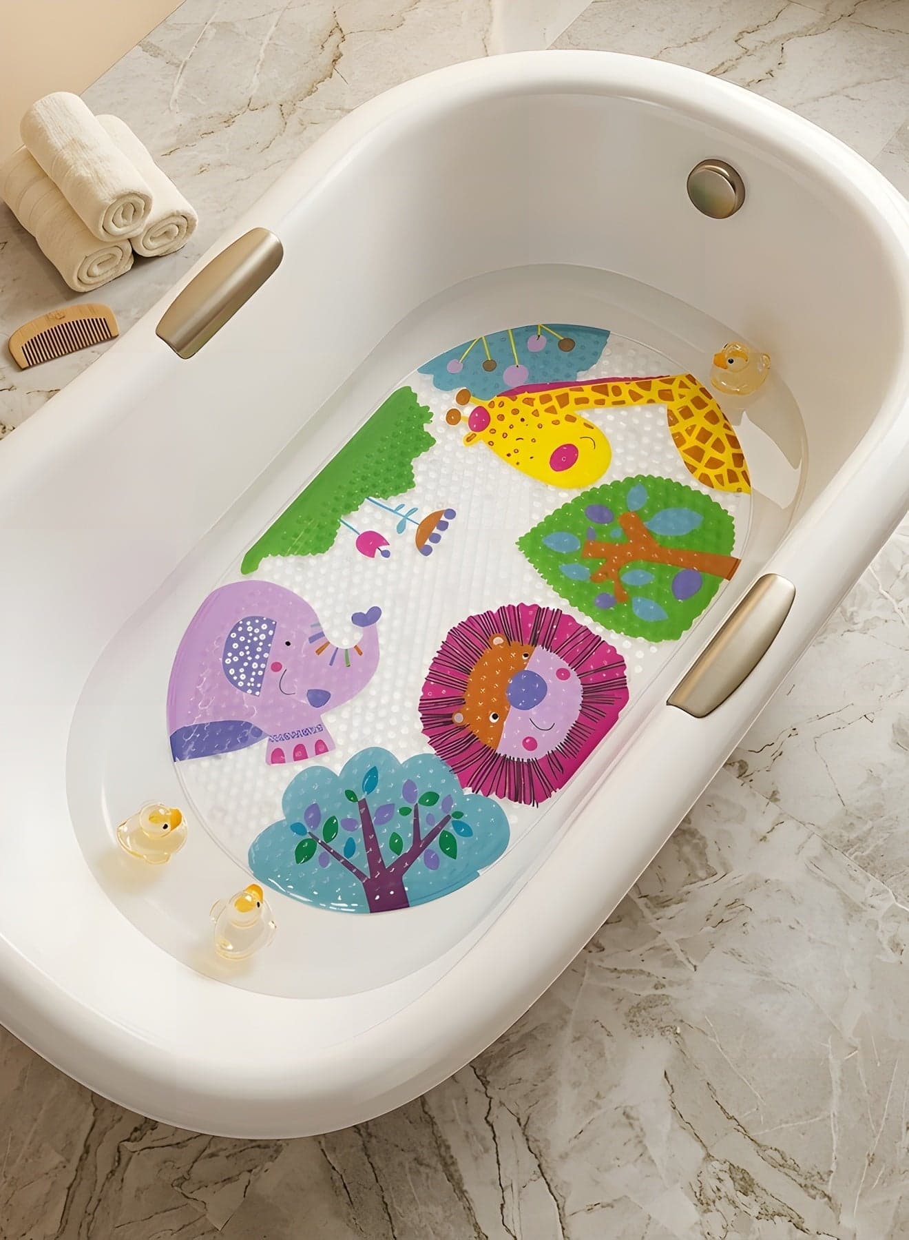 Cartoon Non Slip Bath Mats for Kids, Cute Pattern Oval 69 x 39 cm Shower Mat for Tub, Anti Slip Machine Washable Bathtub Mats for Toddlers Baby Children (Forest Animals), CA-779