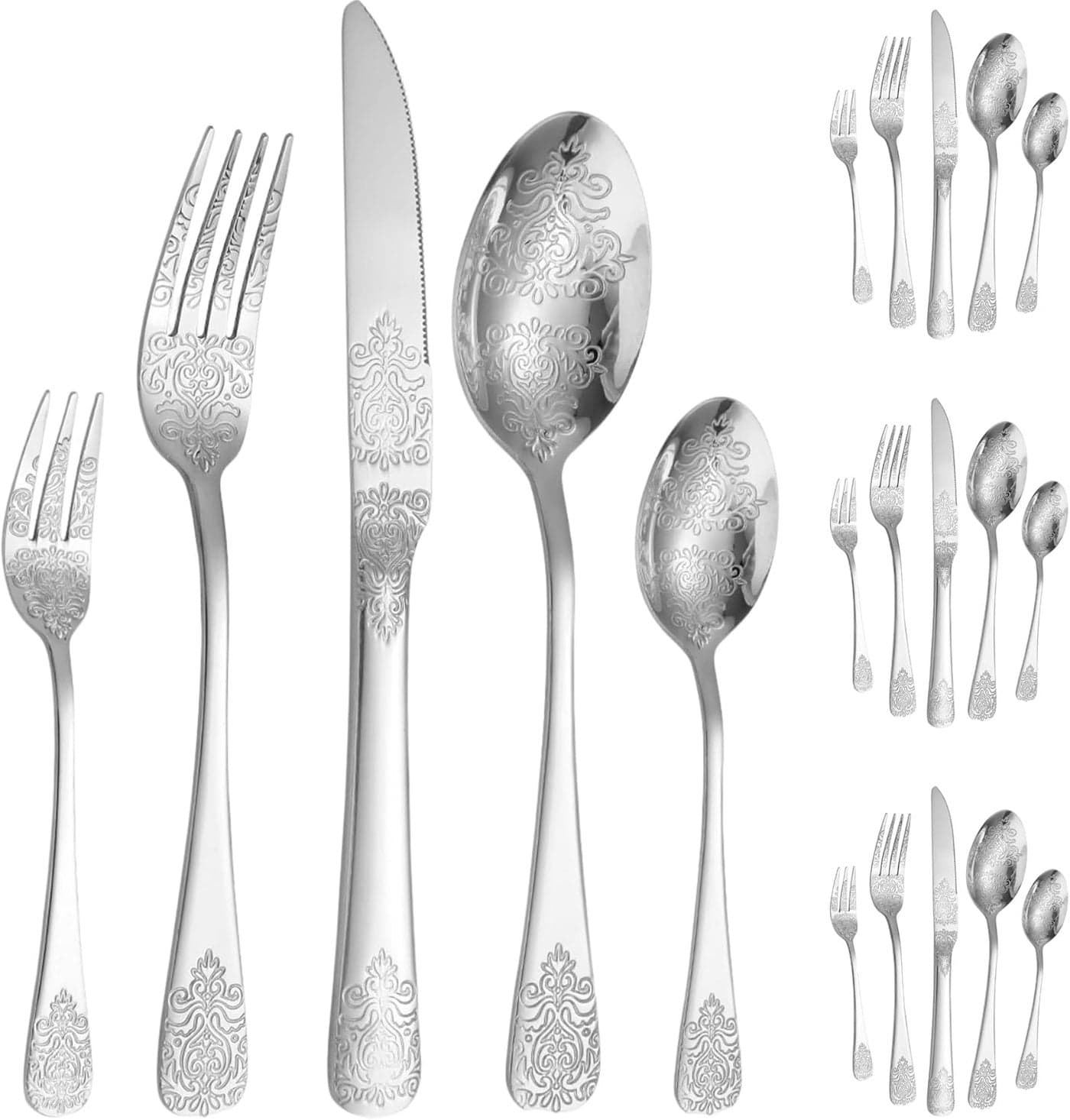 Vilihkc Unique engraved pattern design Silverware Set20 Piece Stainless Steel Flatware Set Kitchen Utensil Set Service for 4Tableware Cutlery Set for Home and RestaurantDishwasher Safe