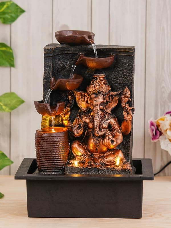 Chronikle Brown Golden Idle Ganesha Table Top Indoor Water Fountain with 4 Steps Waterfall LED Lights Water Flow Controller Pump Size 39 x 295 x 22 cm Colour Brown Golden