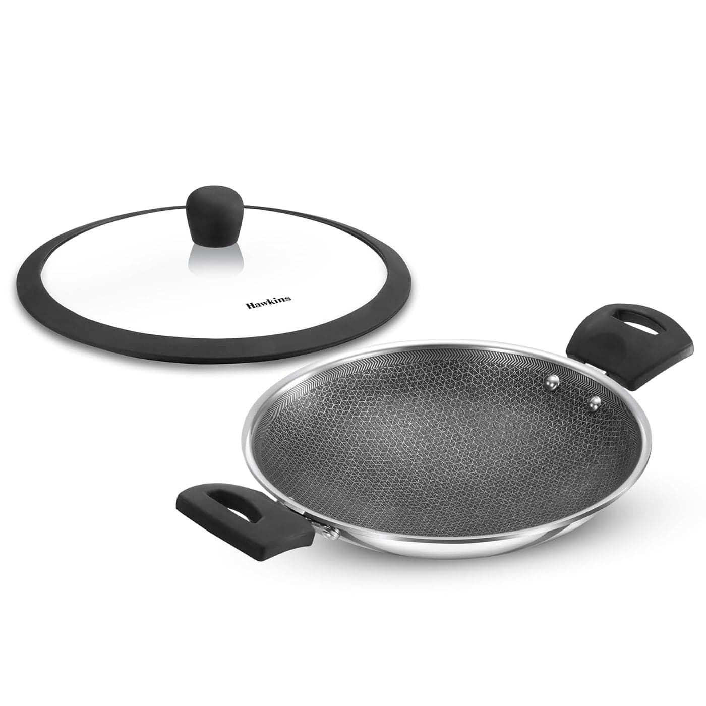 Hawkins 125L Breakfast Pan Nonstick Triply Stainless Steel Appachatty with Glass Lid Chetty Pan Appam Patra Honeycomb Round Bottom Small Kadai Siler NSA125G