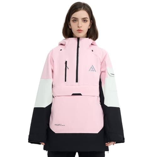 HIGH EXPERIENCE Ski Jacket Snowboard Anorak Coat Pullover Baggy Snow Hooded Insulated Hoodie Waterproof Warm for Women Men (US, Alpha, Small, Regular, Regular, Black-Pink)