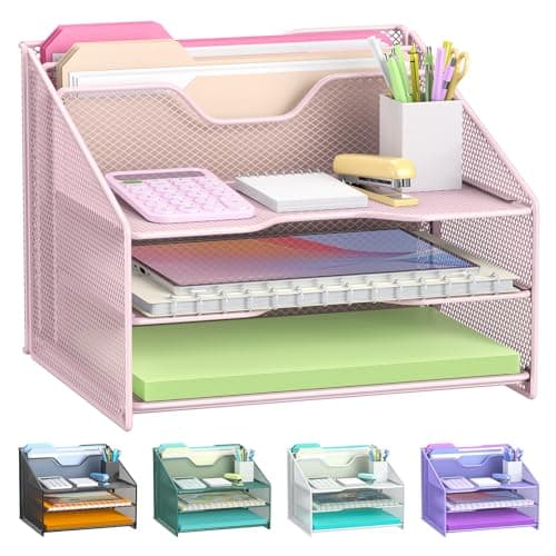 Samstar Pink Desk File Organizer Mesh Letter File Folder Holder with 3 Paper Trays and 2 Vertical Upright Section for Office Supplies Desk Accessories Workspace Pink