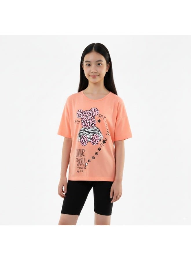 23KY366B Girl's Say I Love You & Animal Print Round Neck Short Sleeve T-Shirt - Orange - 2 Years