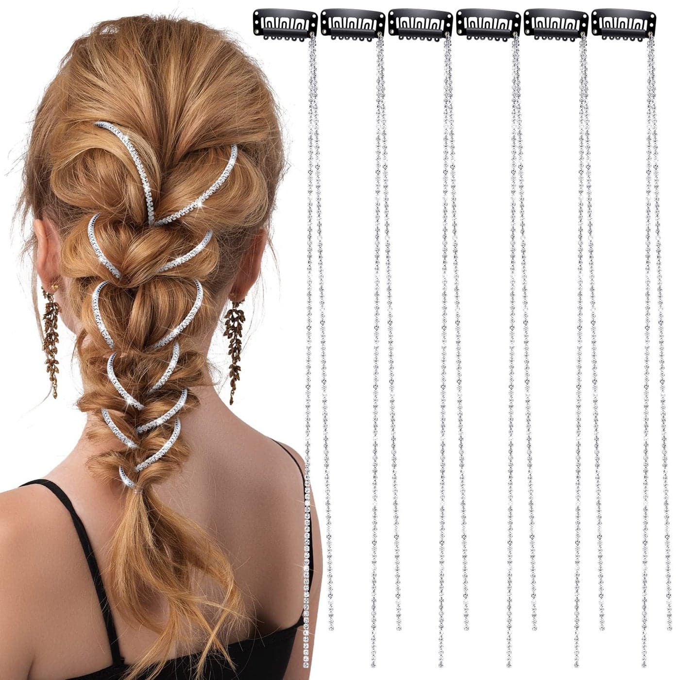 Chunyin 6 Pcs Rhinestone Hair Chains for Women Pearl Charm Rhinestone Hair Jewelry Accessories Crystal Extensions Clips Silver Gold Pins for BraidsShiny Silver