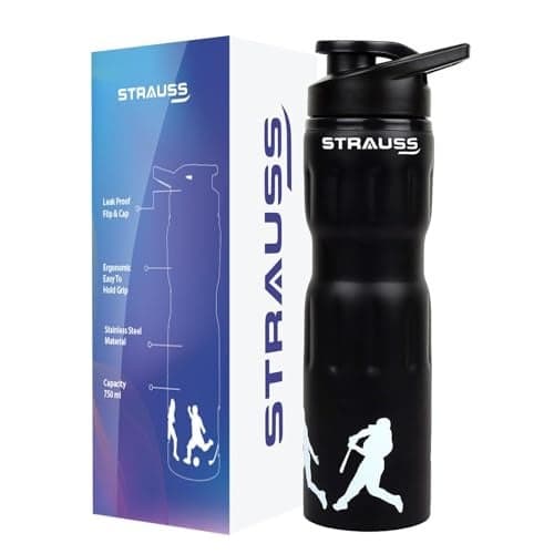 STRAUSS Stainless-Steel Water Bottle | Water Bottles for School, Office, Home & Gym | Leak Proof and BPA Free Gym Bottle | Easy to Carry | Water Bottle for Men & Women | 750 ML, (Black)