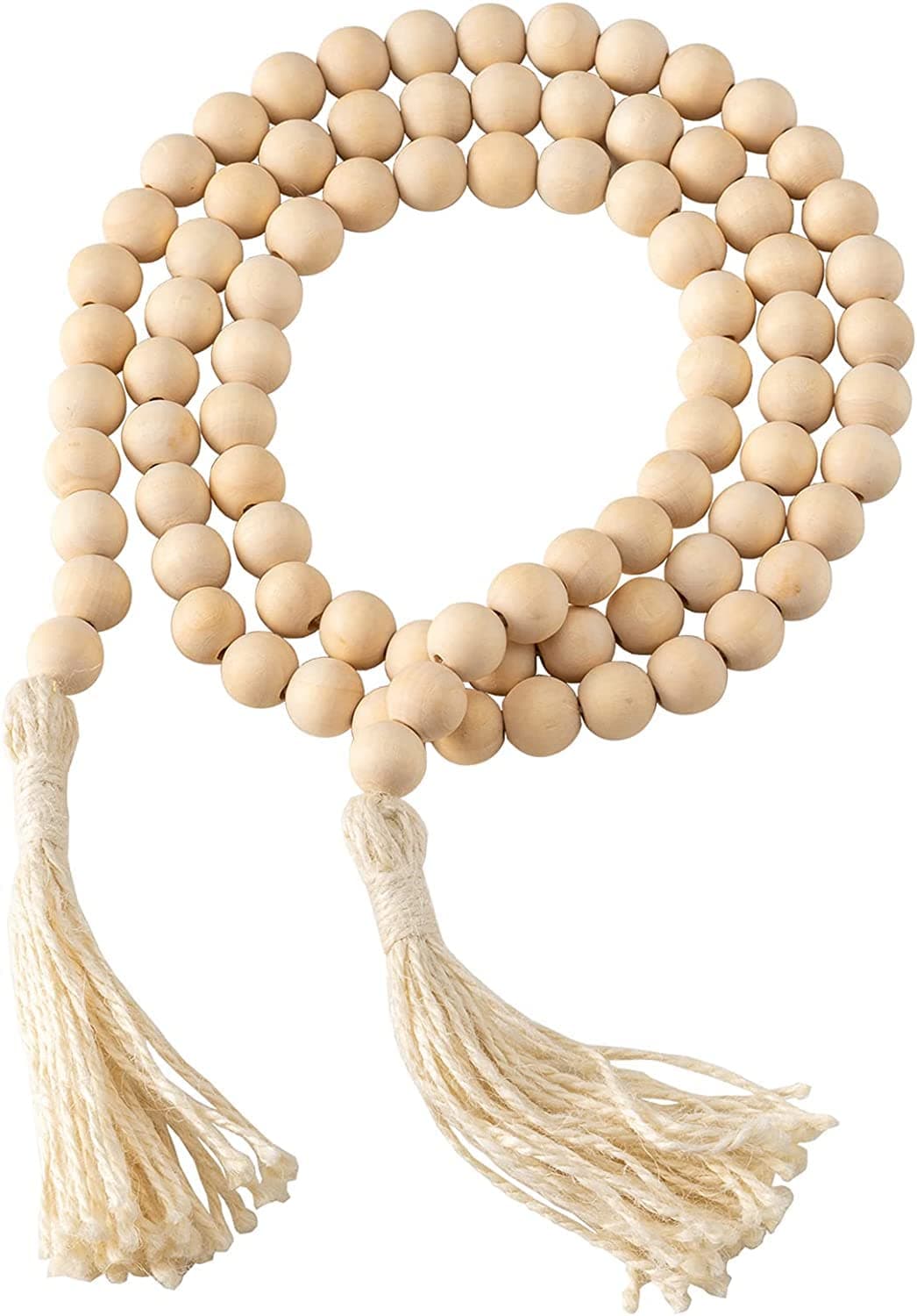 DECORKEY Wooden Beads 58 Inch Farmhouse Wood Beads Garland for Boho Decor with Tassels Rustic Country Decor for Coffee Table Home Living Room Bedroom