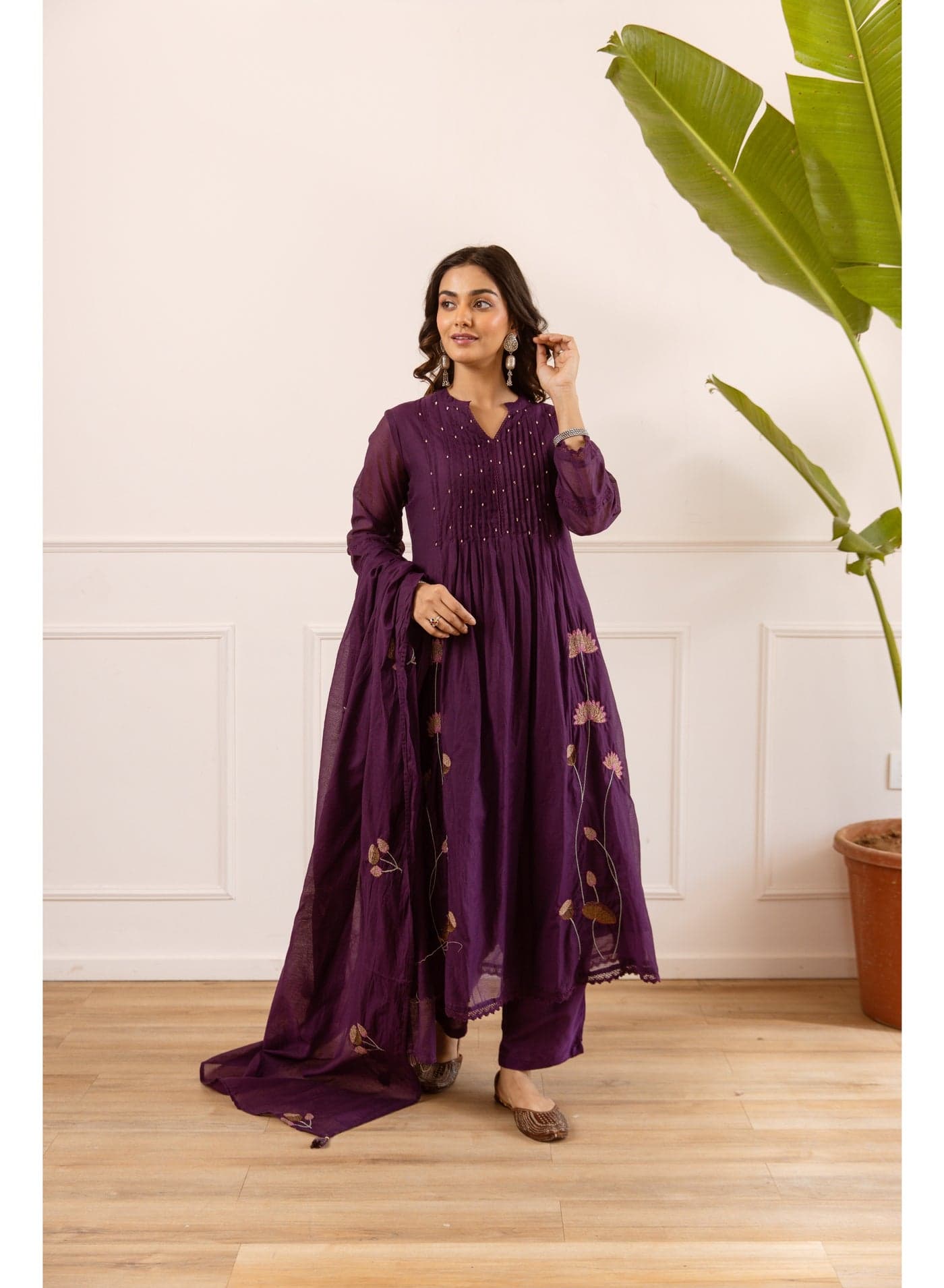 Royal Purple Mul Chanderi Anarkali Kurta Set for Women | Kurta Pant Dupatta Set | Ethnic Indian Wear | Indian Traditional Wear | Festive & Party Wear | 3 Piece Suit
