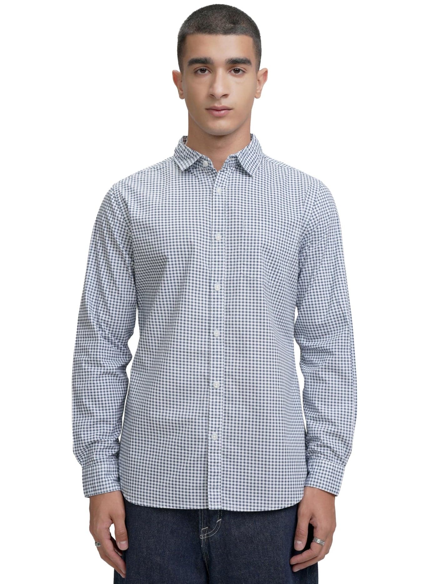 Highlander Men's Casual Shirt | Checked | Regular Fit | Button Closure | Small Checks for A Timeless Style White Blue