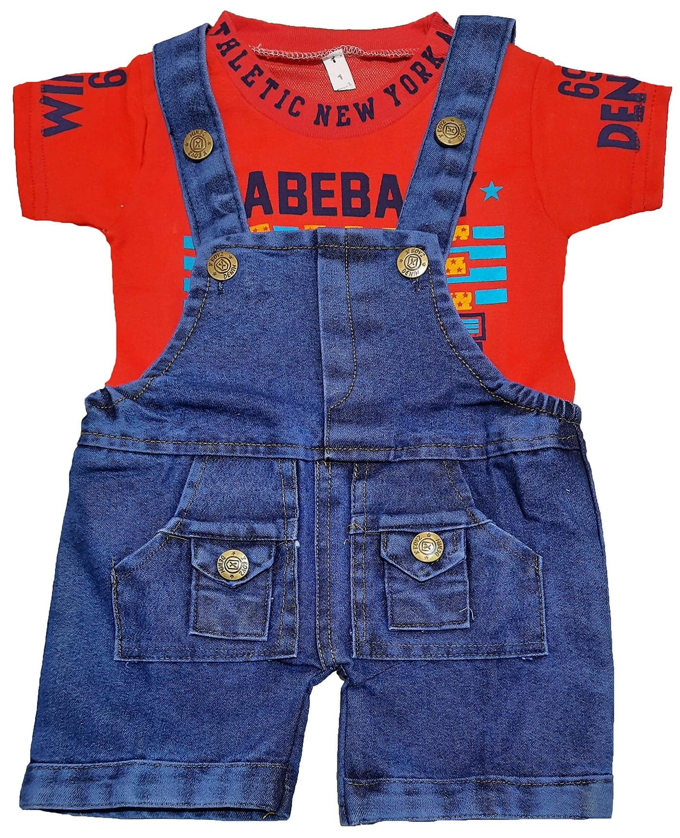 little PANDA Baby Boys & Baby Girls denim Dungaree & T-Shirt Clothing Set (Red, 6-12 Months)