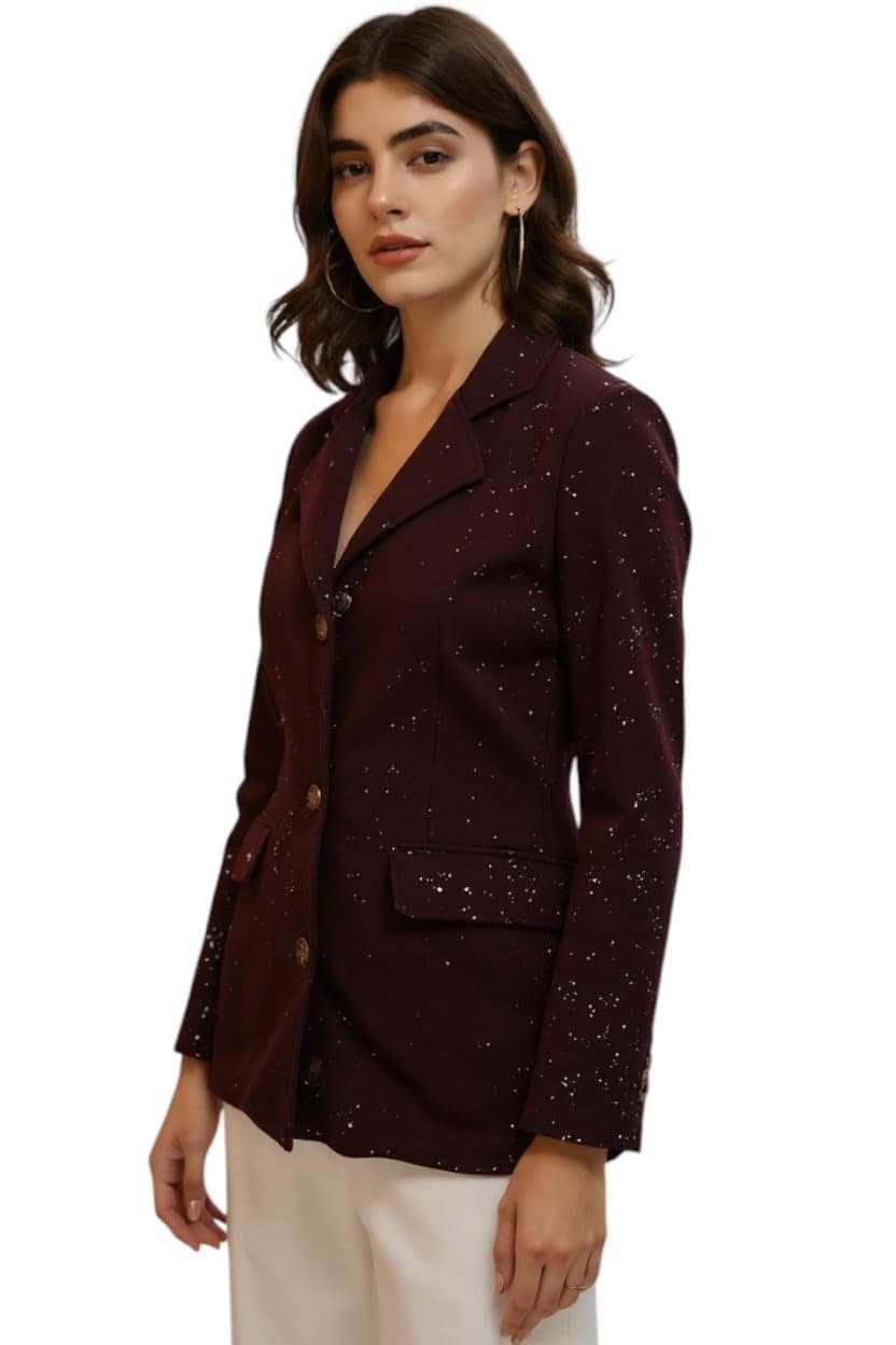 IUGA Women's Sparkle Embellished Burgundy Blazer Jacket - Slim Fit