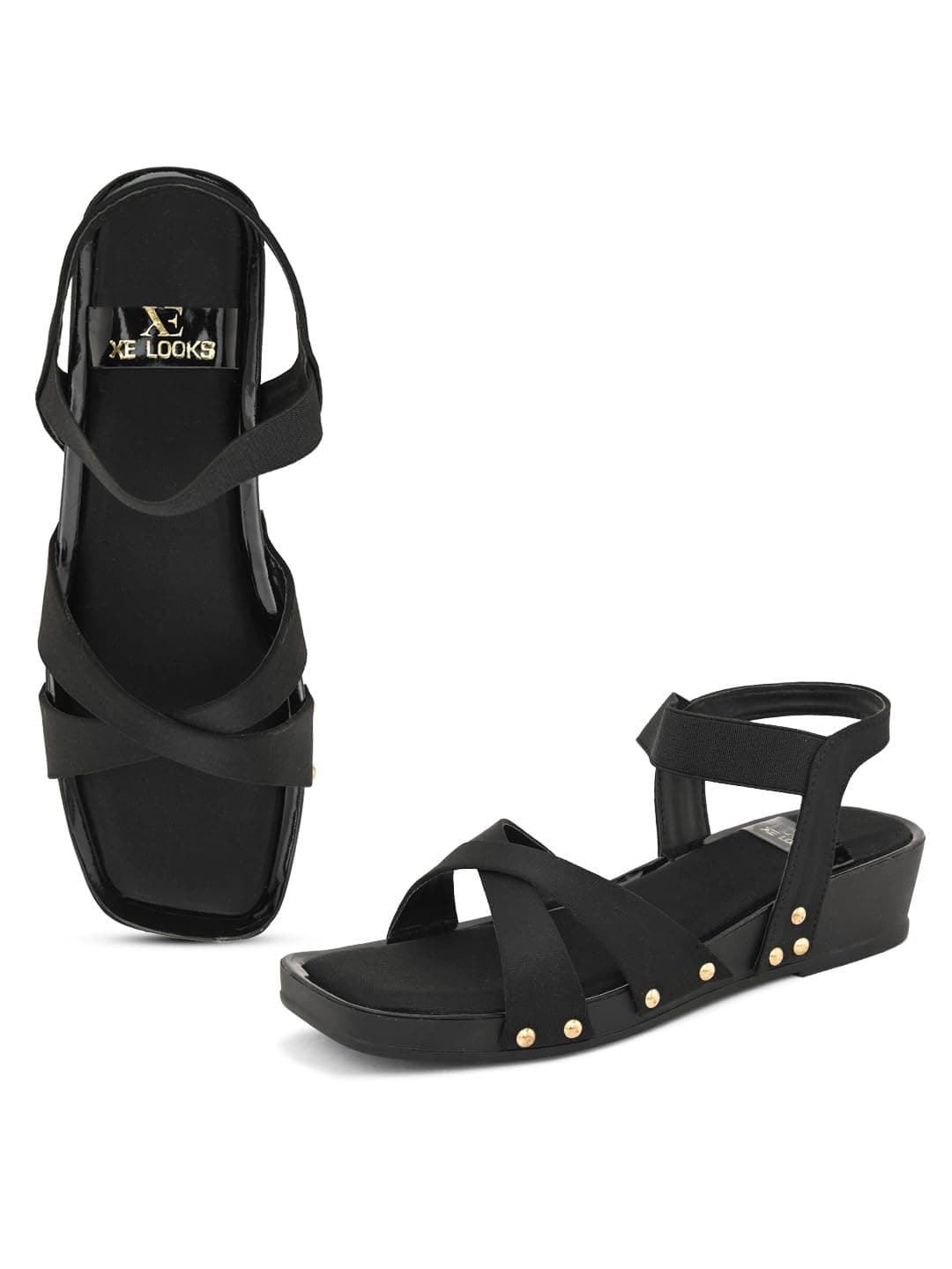 XE Looks Women's Black Wedges Sandals | Cross Strap Design with Gold Stud Detailing | Comfortable, Attractive & Fancy Ankle Strap-Wedges Cushioned Footbed | Stylish Wedges Sandals For Girls & Women