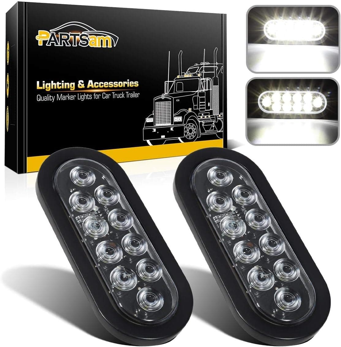 Partsam 2Pcs 6 Inch Oval White LED Trailer Lights with 10 Diodes and Clear Lens