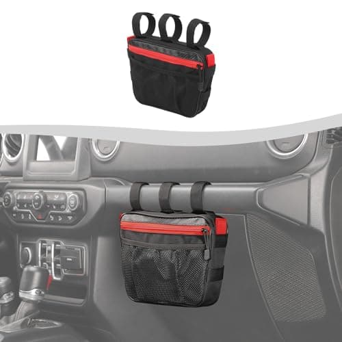 SQQP Passenger Grab Handle Storage Bag Compatible with 1965-2025 Jeep Wrangler CJ YJ TJ JK JKU JL JLU JT. Multi-purpose Organizer Bag,Mesh Polyester Dash Tools Bag(Red
