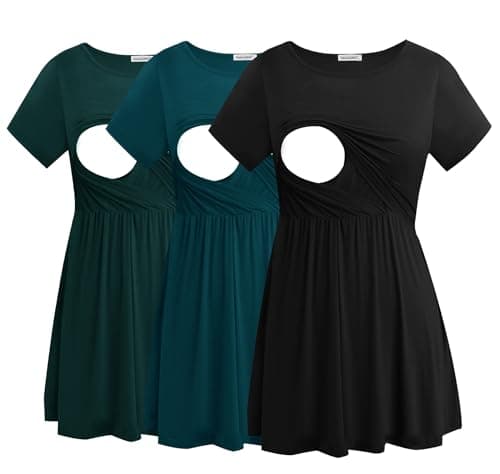 Smallshow Womens Maternity Nursing Tops 3 Pack Short Sleeve Breastfeeding ShirtBlackDeep GreenTealM