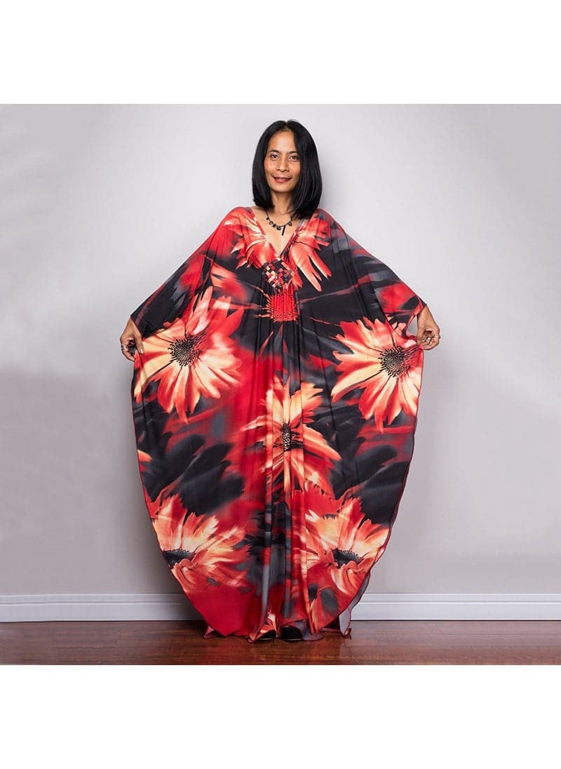 New Boho Beach Maxi Dress Bikini Cover-Up Black Red Big Flower (ZS1743-2)
