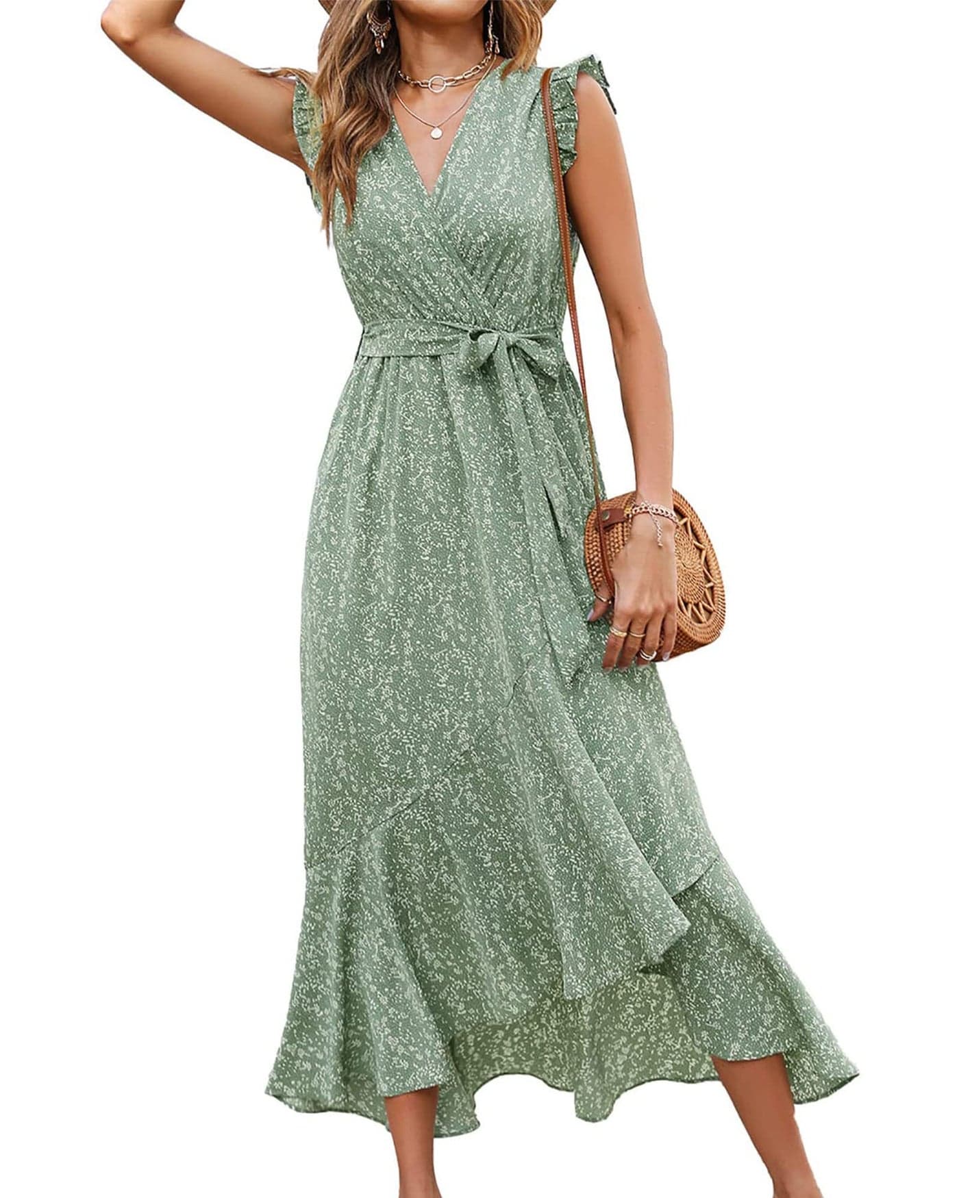 BTFBM Summer Floral Maxi Dress for Women 2025 Vacation Ruffle Sleeve V Neck Belt Wrap Spring Beach Wedding Guest Dresses(Floral Green, X-Large)