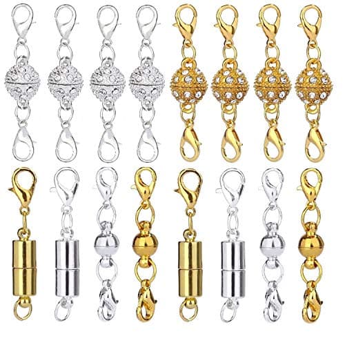 Aiskaer 16 Pcs Magnetic Lobster Clasps for Jewelry Necklace Bracelet, Rhinestone Ball and Cylindrical + Ball Tone Lobster Clasp