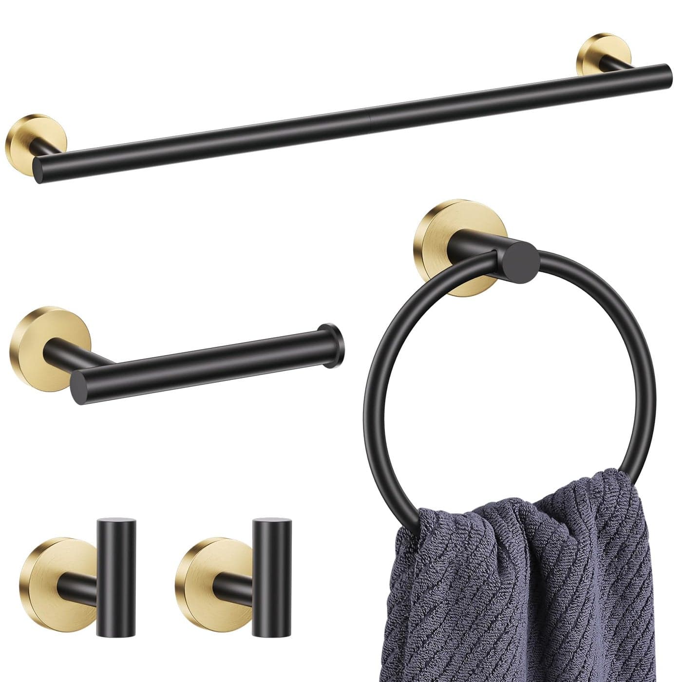 Lairuier Black and Gold Bathroom Hardware Accessories Set 5 Pieces Towel Bar Set Stainless Wall Mounted Adjustable Towel Bar Set